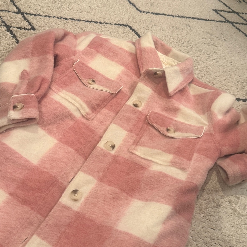 Jillian Harris m Joe Fresh Pink and White Plaid Button-Front Shirt Jacket - Picture 4 of 6